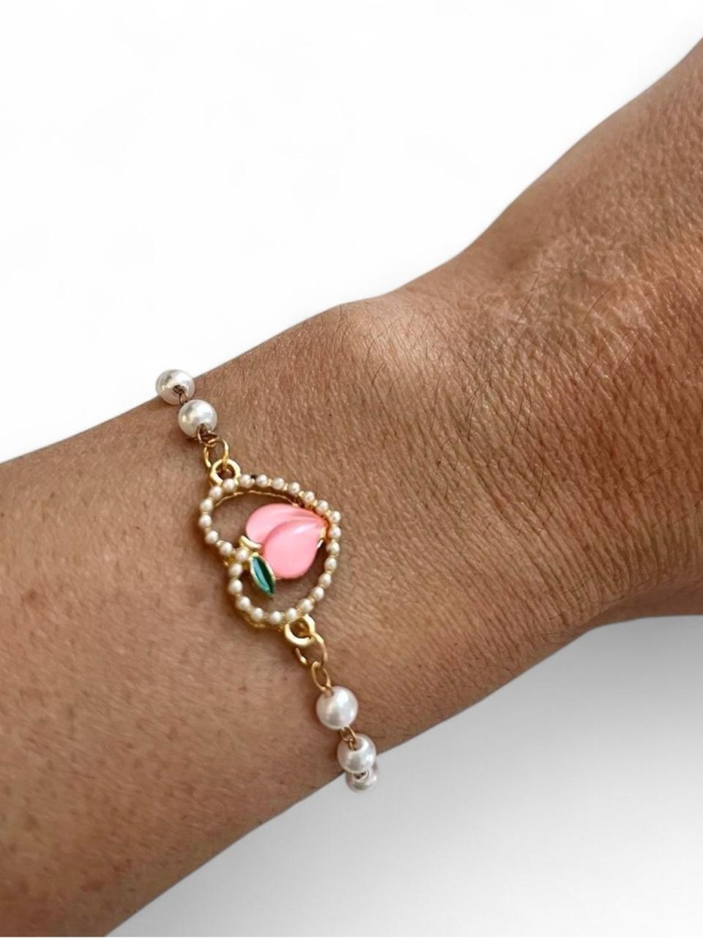 Pink Peach Bracelet Pearl Beaded Dainty Gold Tone Feminine - New